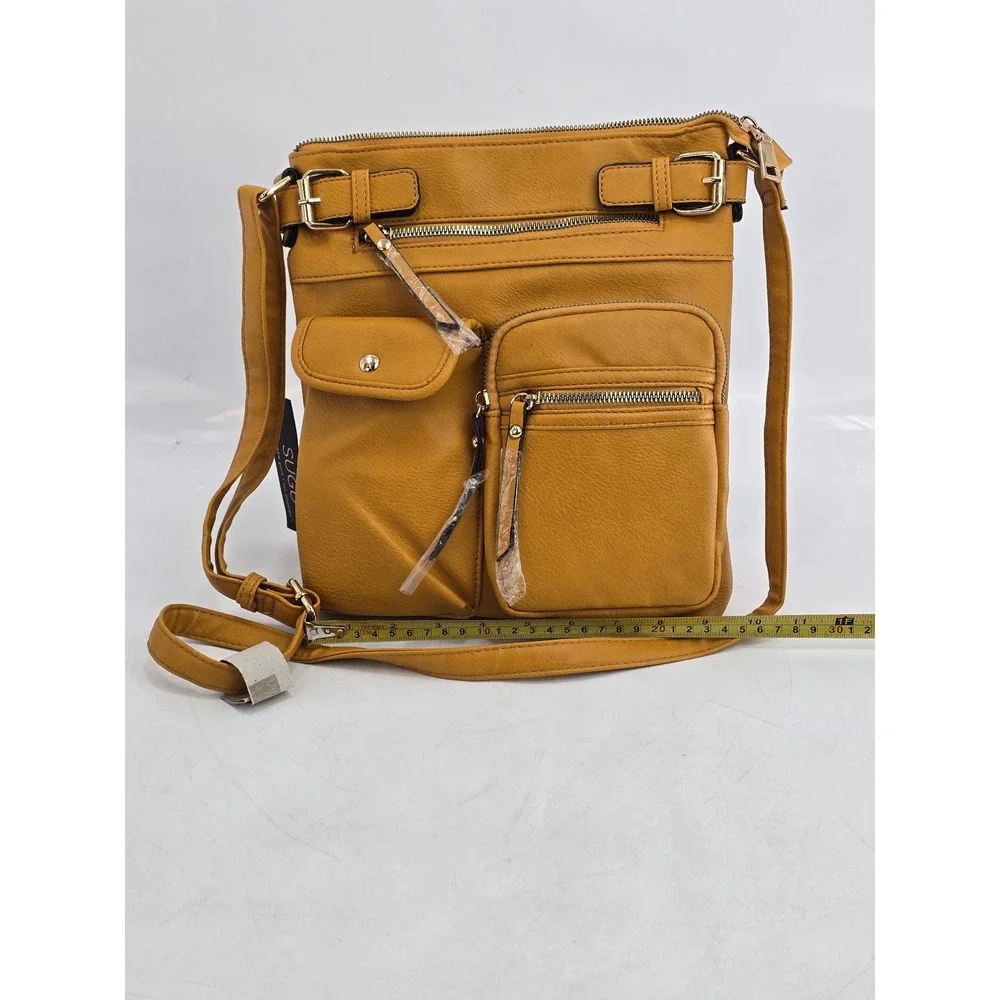 SUGU AM4181 Vegan Leather Crossbody Bag Mustard Yellow Medium Multi Pocket - NEW